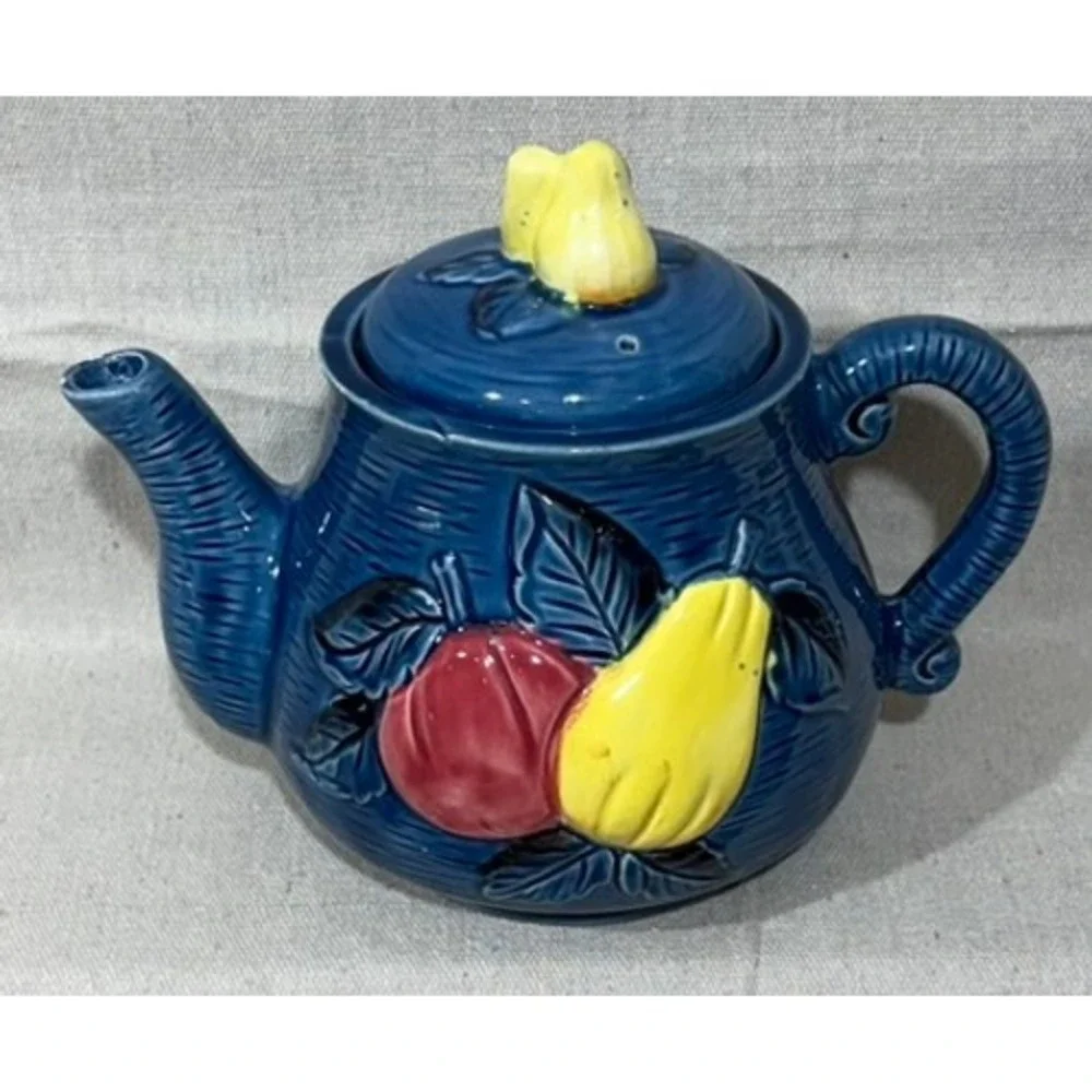 Vintage Cobalt Blue Ceramic Teapot Fruit Relief Apple Pear Made in Japan 7x8